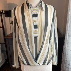CAbi Women’s Striped Blouse in sheer gold and black